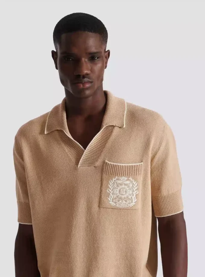 Balmain Écusson embroidered knit polo shirt Balmain Écusson embroidered knit polo shirt