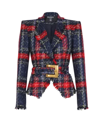Belted plaid tweed jacket