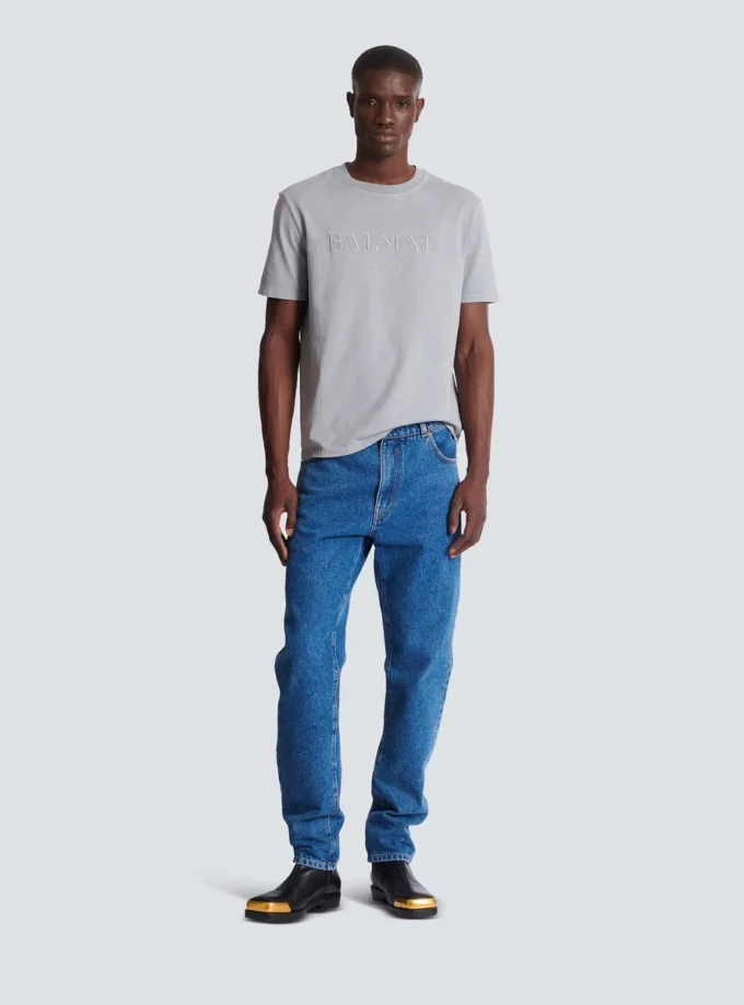 Blue denim straight-cut jeans
