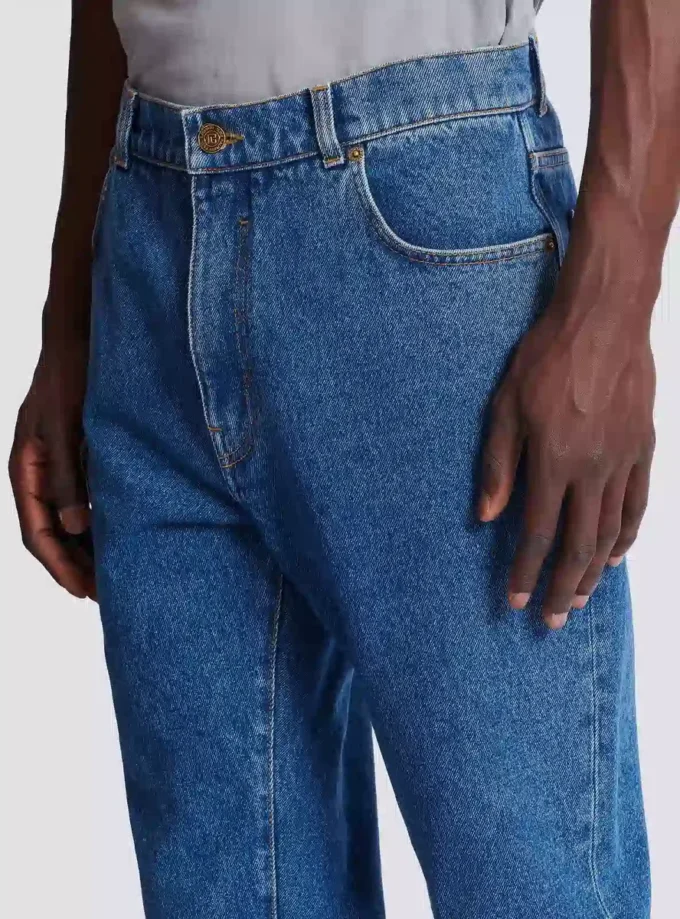 Blue denim straight-cut jeans