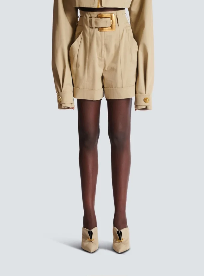 Cotton gabardine shorts with belt