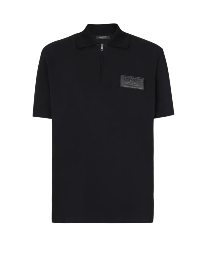 Cotton polo shirt with leather Balmain Couture label Cotton polo shirt with leather Balmain Couture label