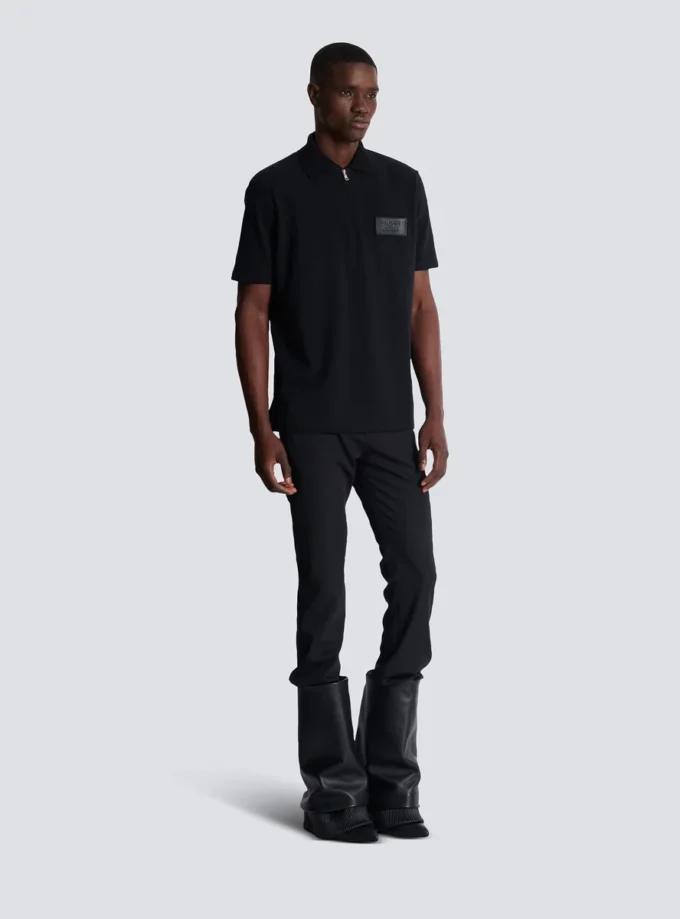 Cotton polo shirt with leather Balmain Couture label Cotton polo shirt with leather Balmain Couture label