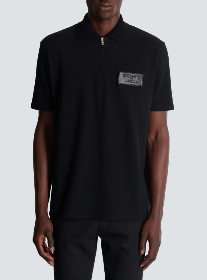 Cotton polo shirt with leather Balmain Couture label Cotton polo shirt with leather Balmain Couture label