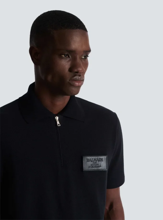 Cotton polo shirt with leather Balmain Couture label Cotton polo shirt with leather Balmain Couture label