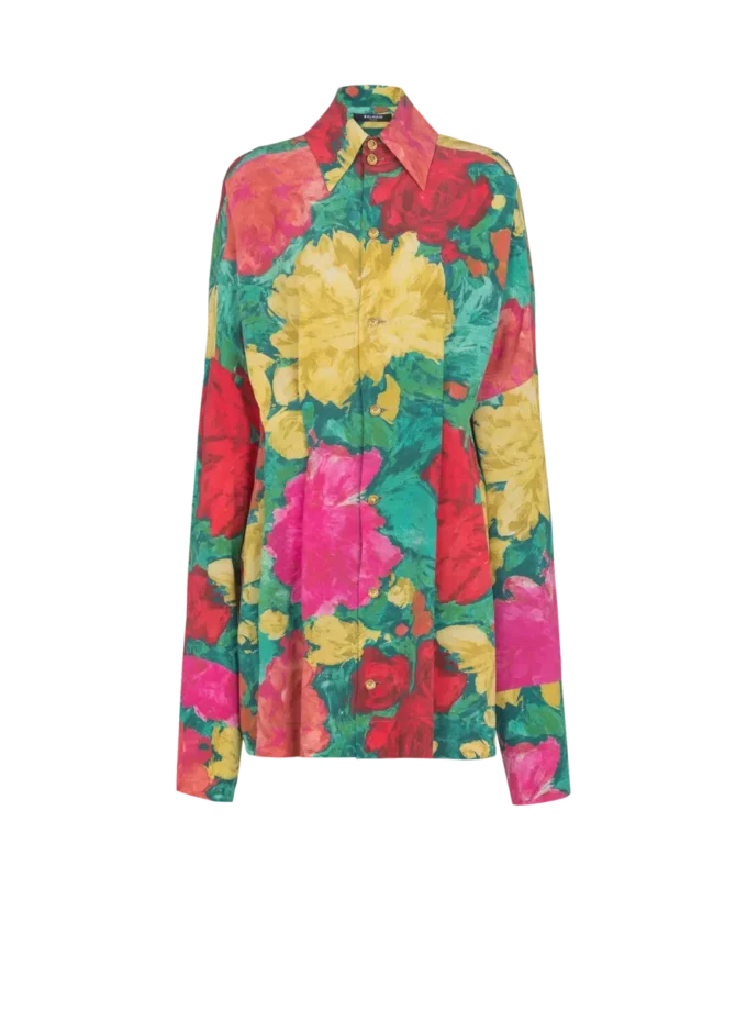 Crepe shirt dress with roses print