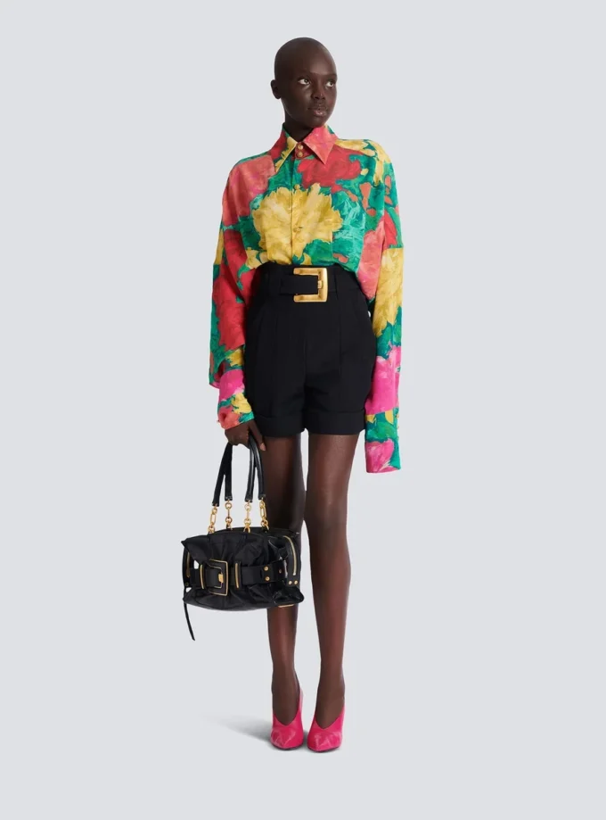 Crepe shirt dress with roses print