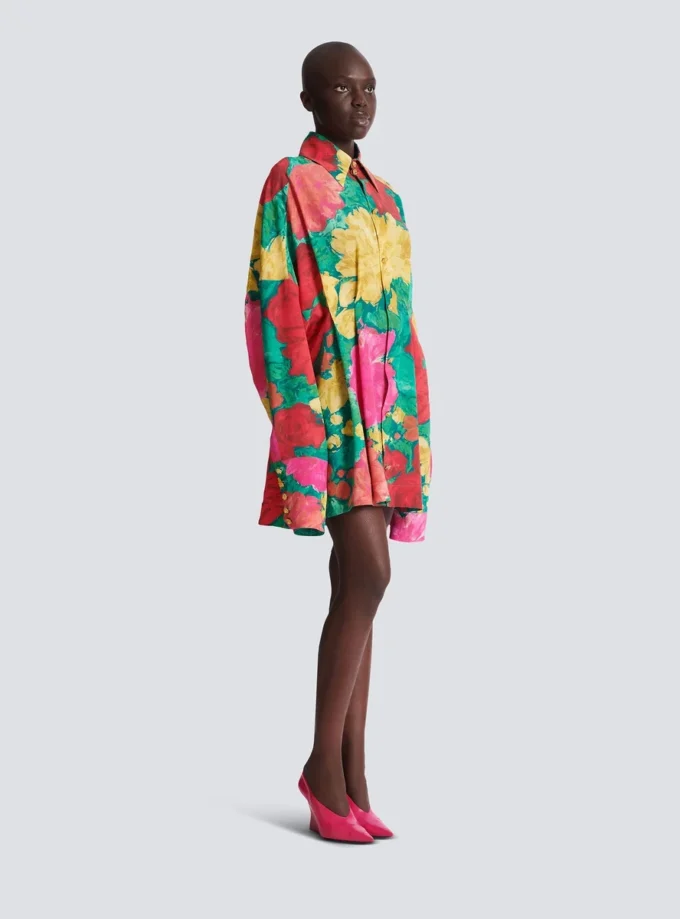 Crepe shirt dress with roses print