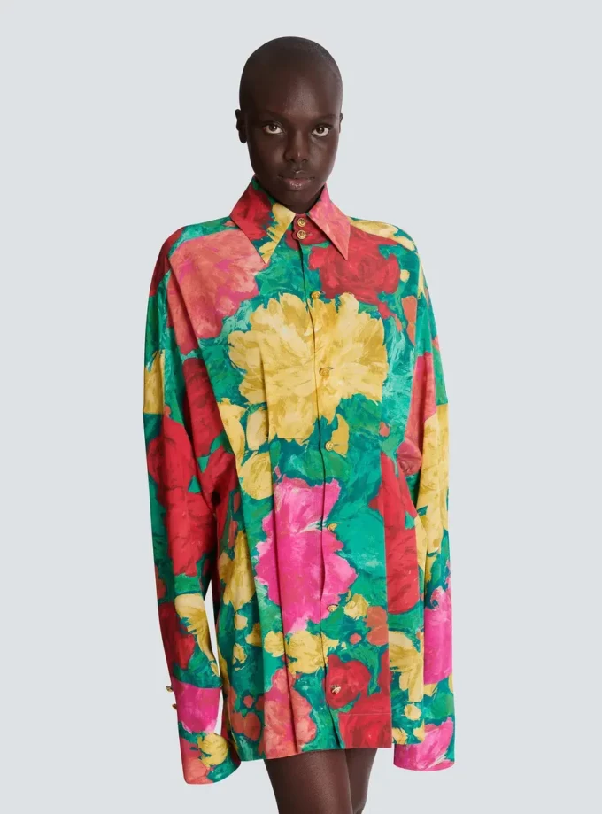 Crepe shirt dress with roses print