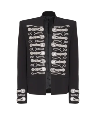 Crepe spencer jacket with embroidered frogging