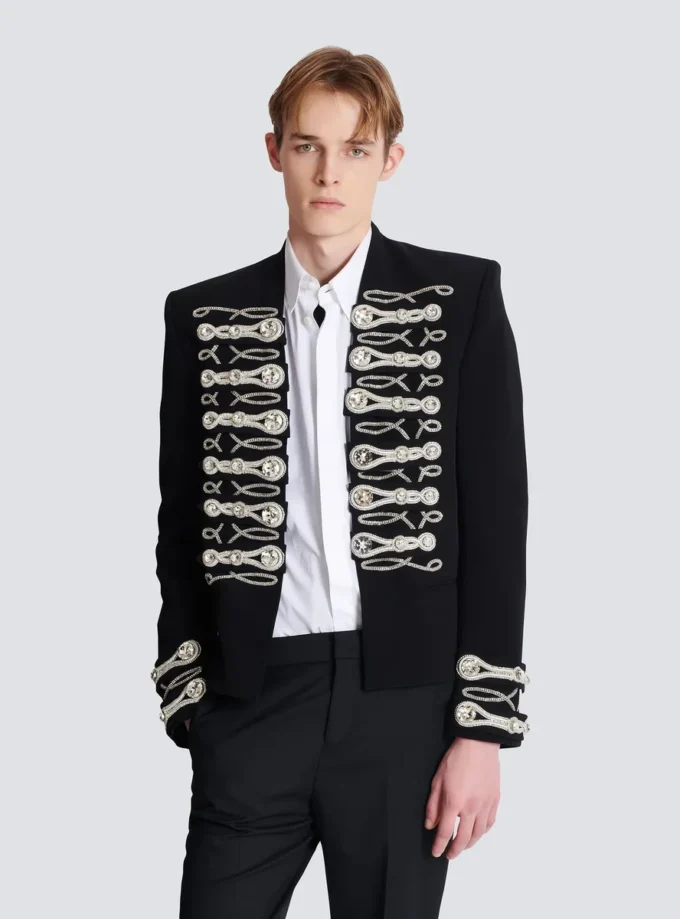 Crepe spencer jacket with embroidered frogging Crepe spencer jacket with embroidered frogging