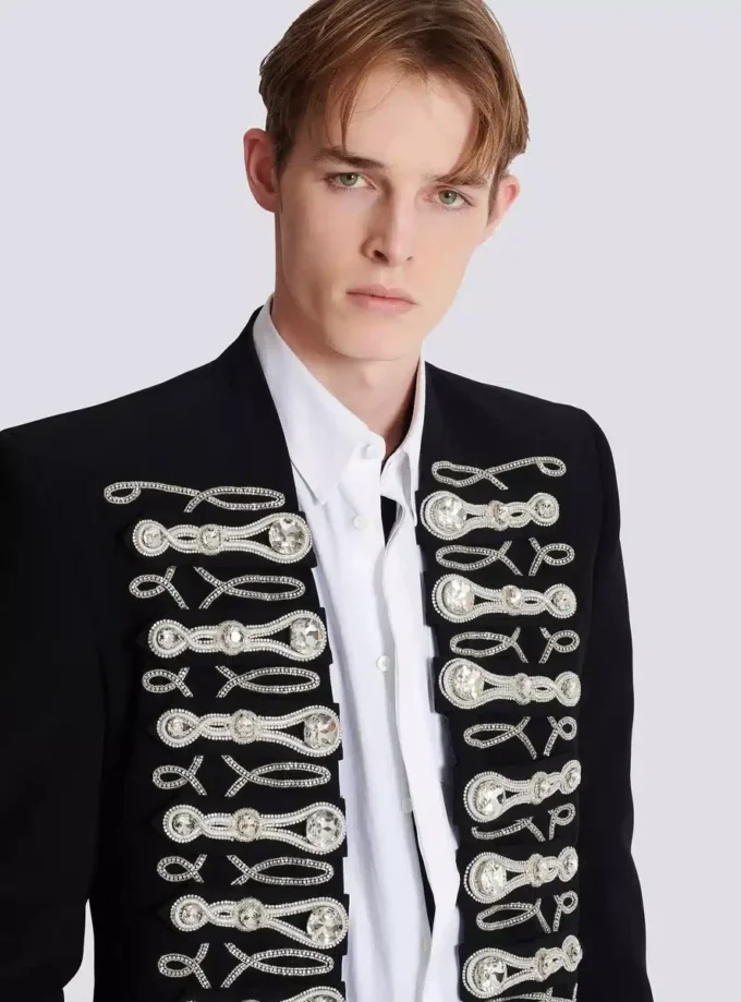 Crepe spencer jacket with embroidered frogging Crepe spencer jacket with embroidered frogging