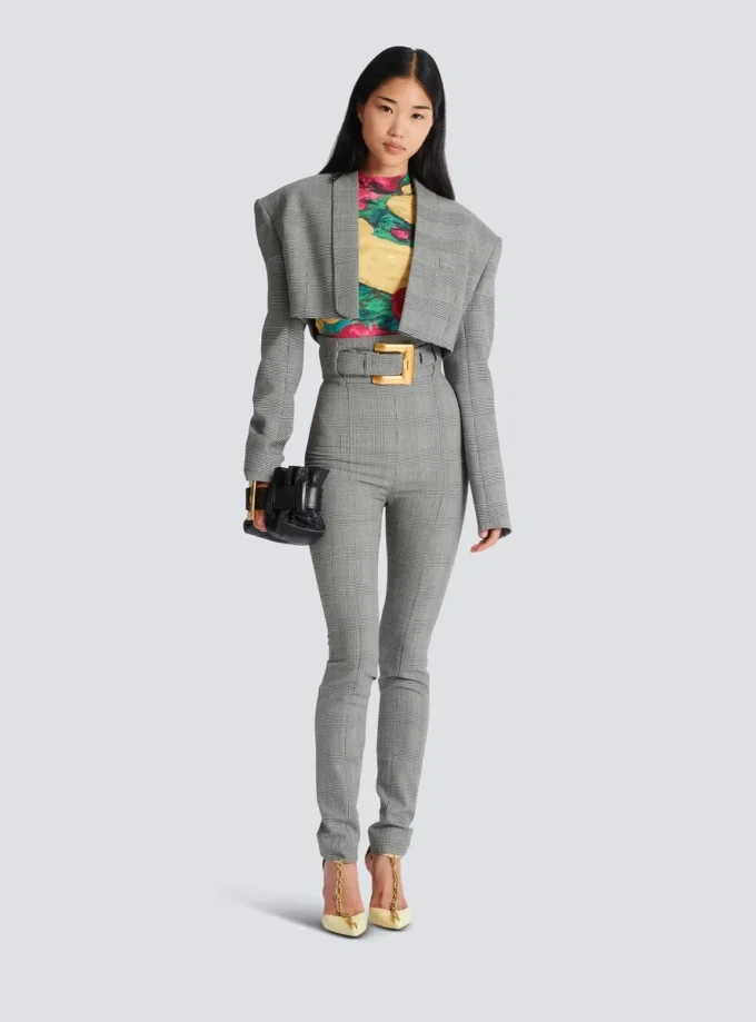 Cropped jacket in Prince of Wales jacquard Cropped jacket in Prince of Wales jacquard
