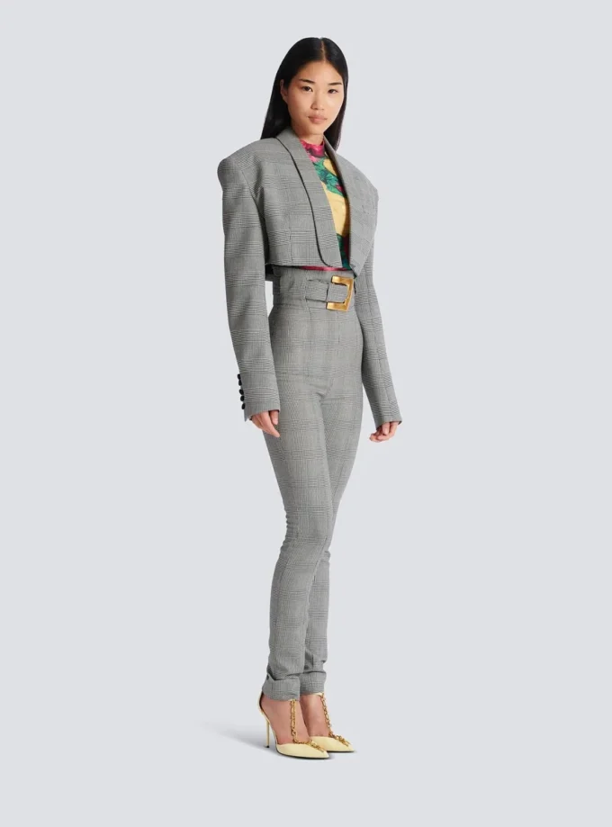 Cropped jacket in Prince of Wales jacquard Cropped jacket in Prince of Wales jacquard