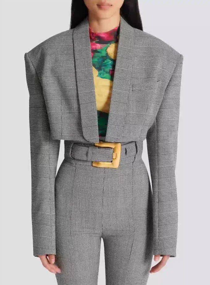 Cropped jacket in Prince of Wales jacquard Cropped jacket in Prince of Wales jacquard