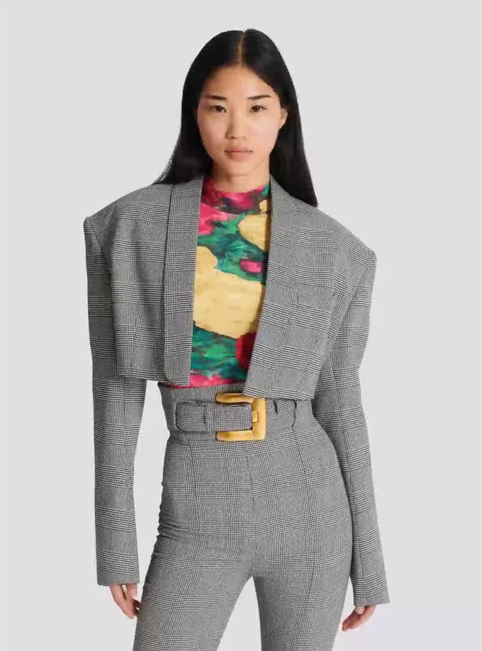 Cropped jacket in Prince of Wales jacquard Cropped jacket in Prince of Wales jacquard