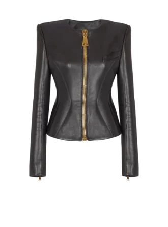 Cropped peplum lambskin jacket
