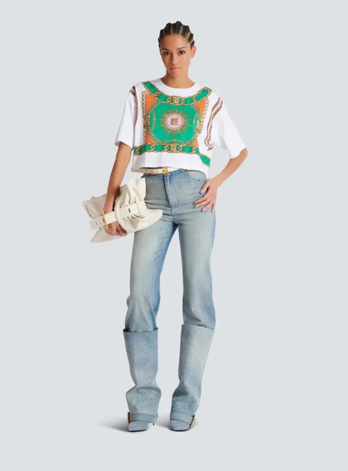 Cropped T-shirt with Balmain Foulard print