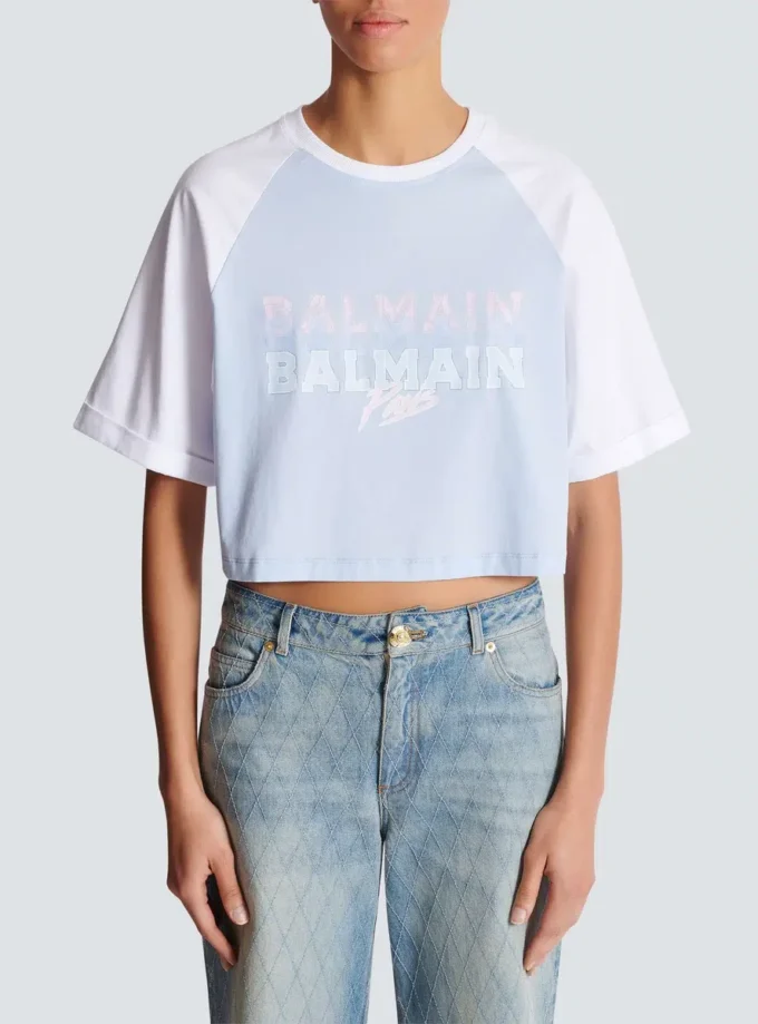 Cropped T-shirt with Balmain Paris print