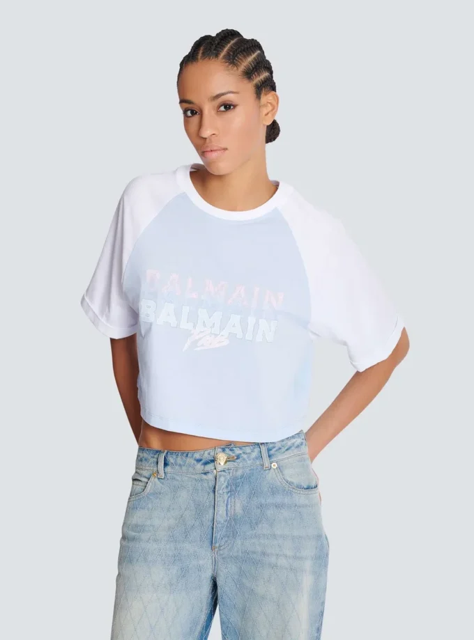 Cropped T-shirt with Balmain Paris print