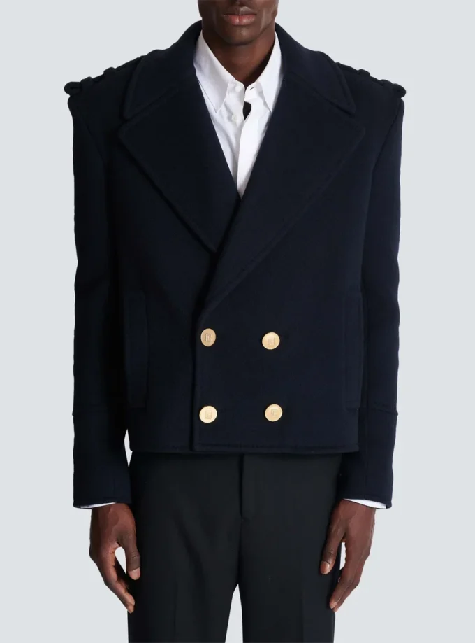 Cropped wool reefer jacket