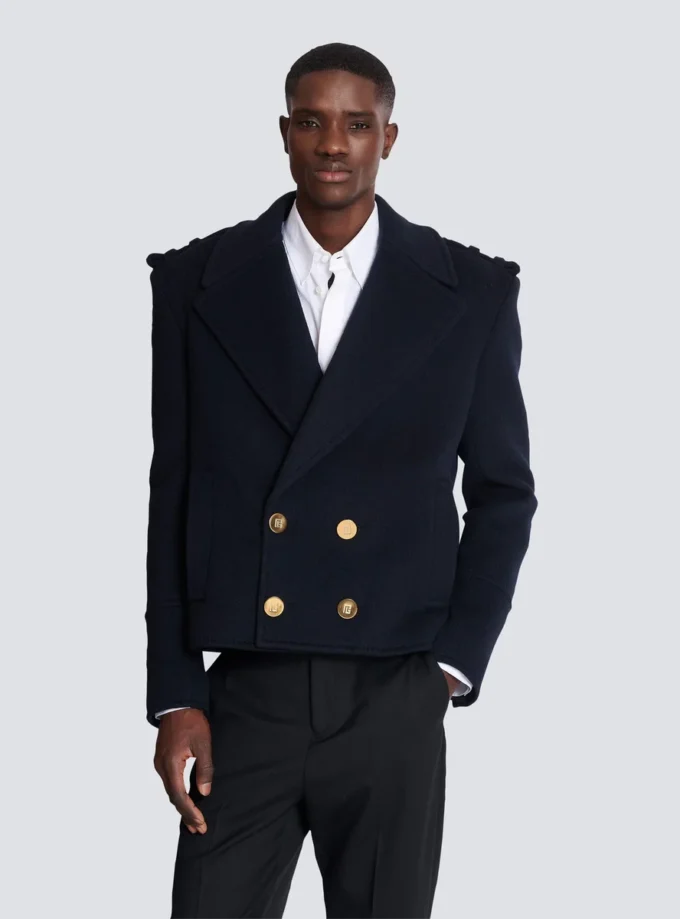Cropped wool reefer jacket