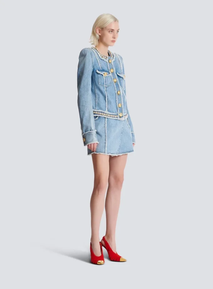 Denim jacket with pearl trim Denim jacket with pearl trim