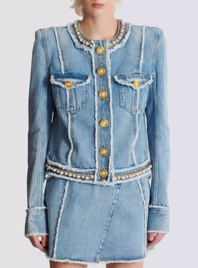 Denim jacket with pearl trim Denim jacket with pearl trim