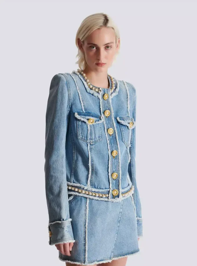 Denim jacket with pearl trim Denim jacket with pearl trim