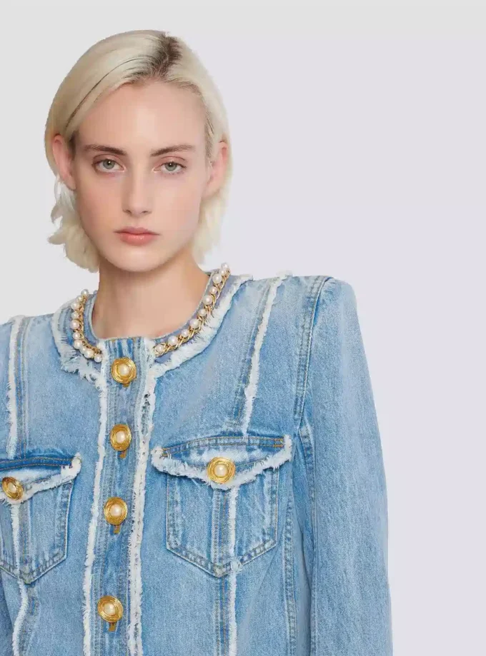 Denim jacket with pearl trim Denim jacket with pearl trim