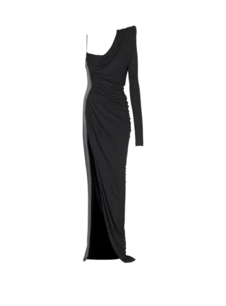 Draped asymmetrical two-material dress