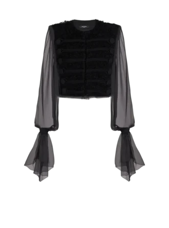 Edge-to-edge tweed and chiffon jacket