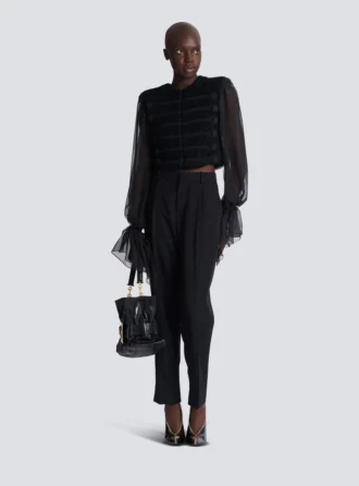 Edge-to-edge tweed and chiffon jacket