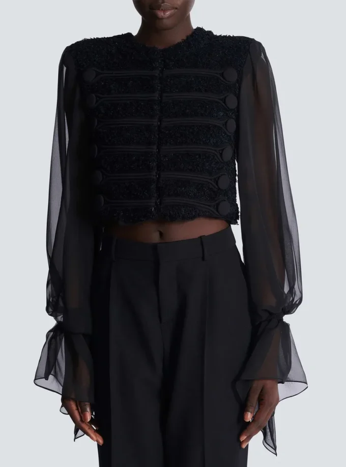 Edge-to-edge tweed and chiffon jacket Edge-to-edge tweed and chiffon jacket