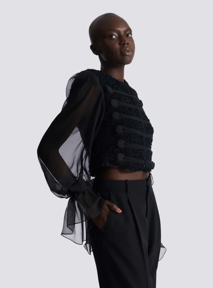 Edge-to-edge tweed and chiffon jacket Edge-to-edge tweed and chiffon jacket
