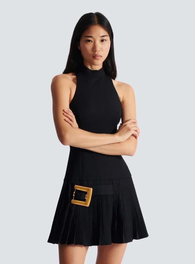 Flared grain de poudre dress with belt detail