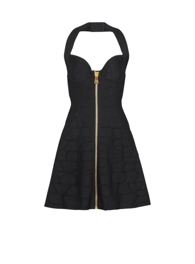 Flared halterneck dress in crocodile knit