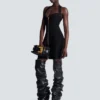 Flared halterneck dress in crocodile knit