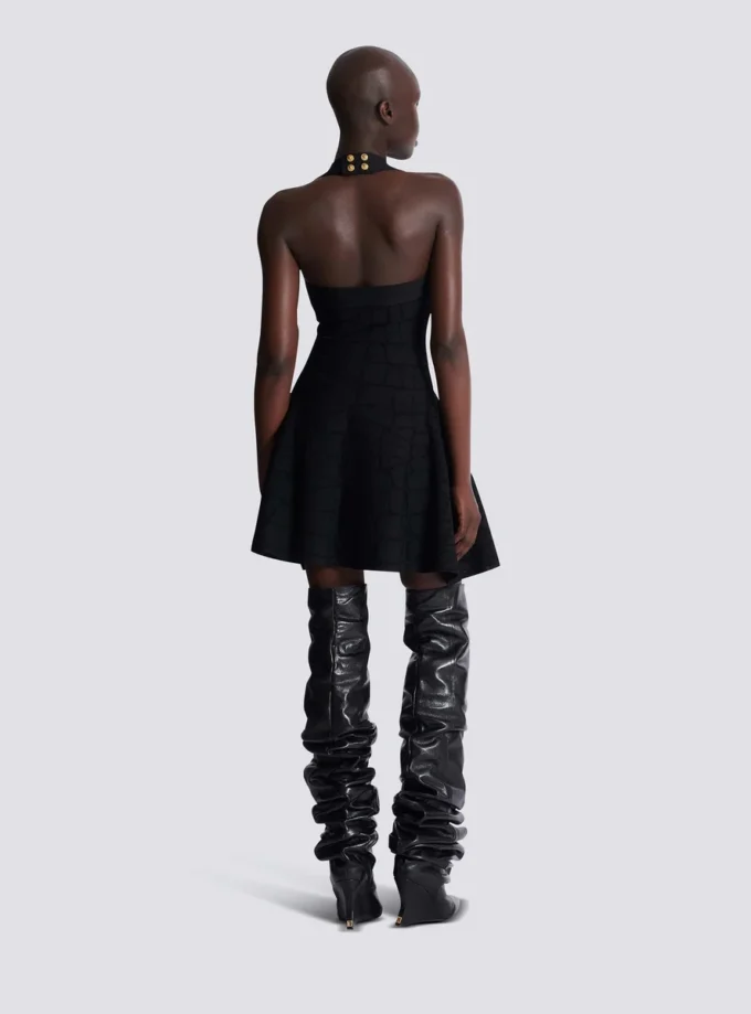 Flared halterneck dress in crocodile knit