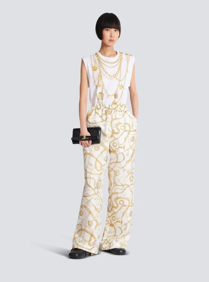 Flowing printed silk trousers with Balmain Chains pattern Flowing printed silk trousers with Balmain Chains pattern