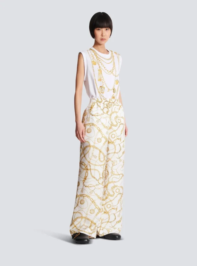 Flowing printed silk trousers with Balmain Chains pattern Flowing printed silk trousers with Balmain Chains pattern