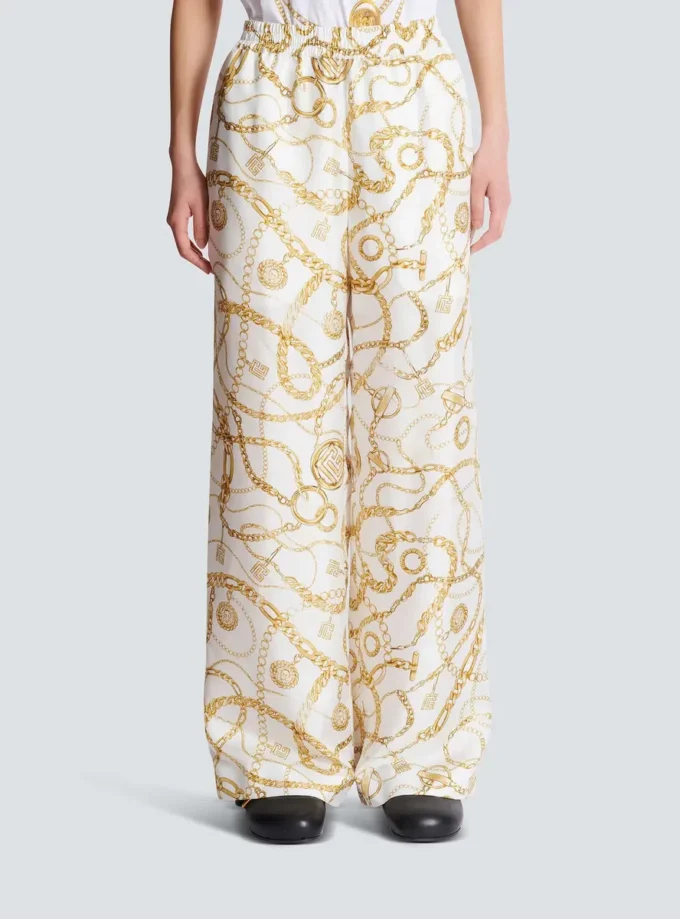 Flowing printed silk trousers with Balmain Chains pattern Flowing printed silk trousers with Balmain Chains pattern