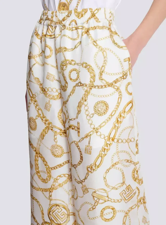 Flowing printed silk trousers with Balmain Chains pattern Flowing printed silk trousers with Balmain Chains pattern