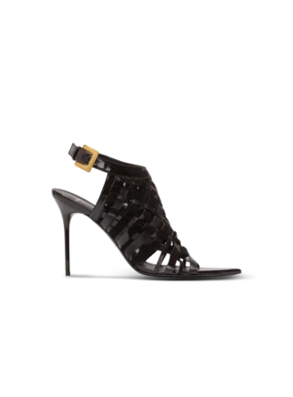 Fringed patent leather sandals