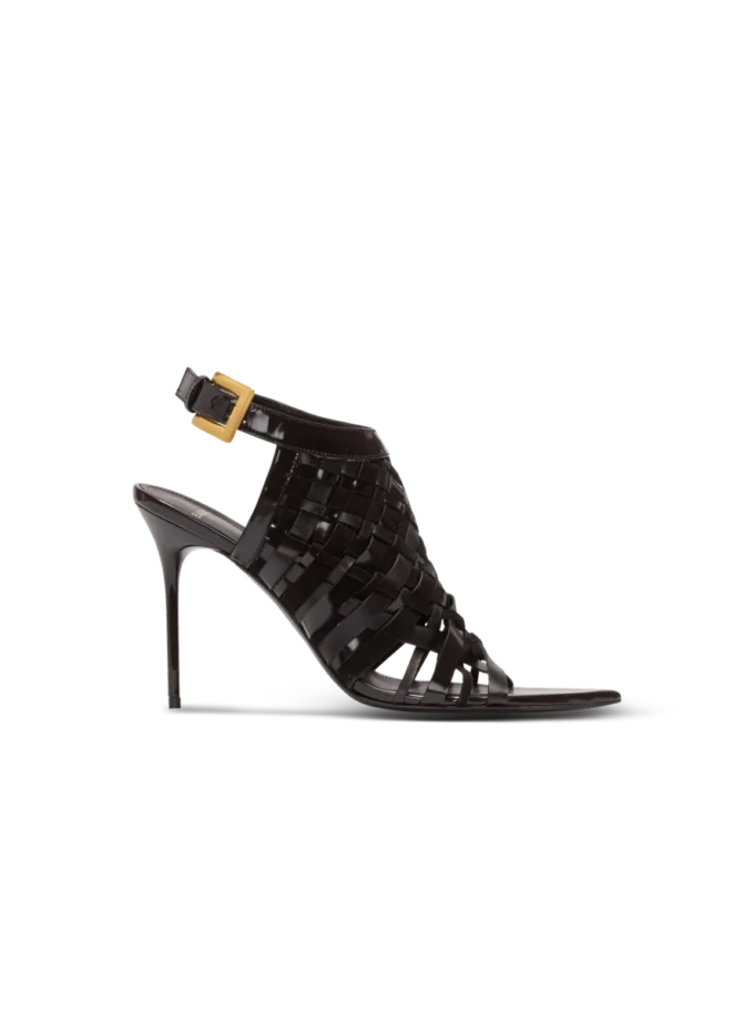 Fringed patent leather sandals