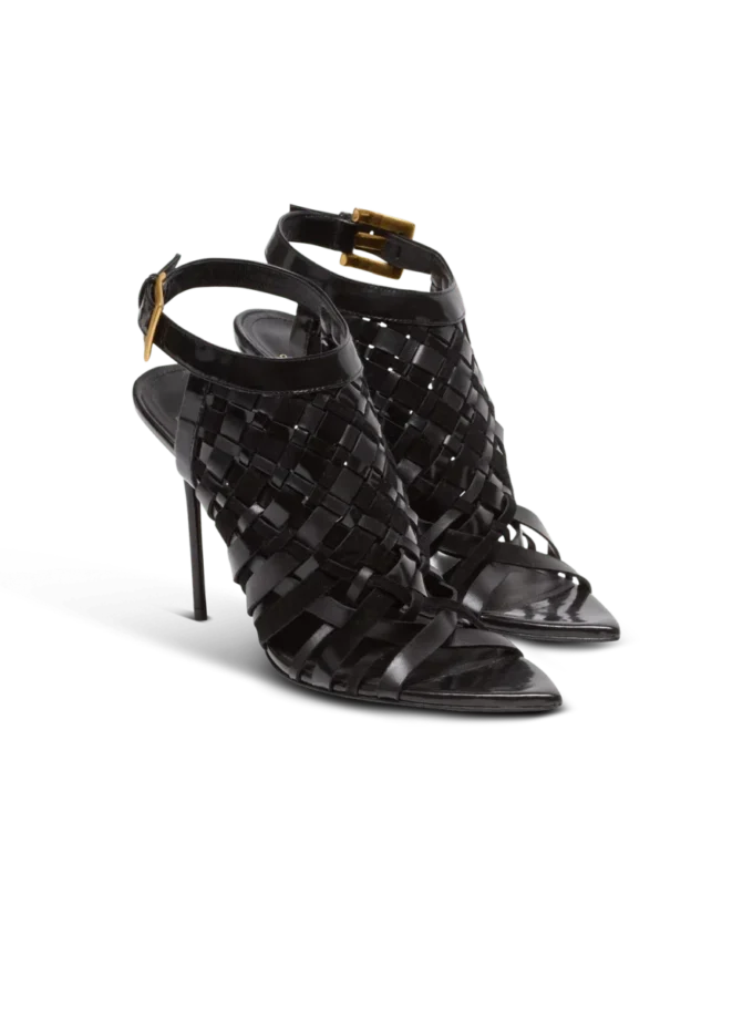 Fringed patent leather sandals