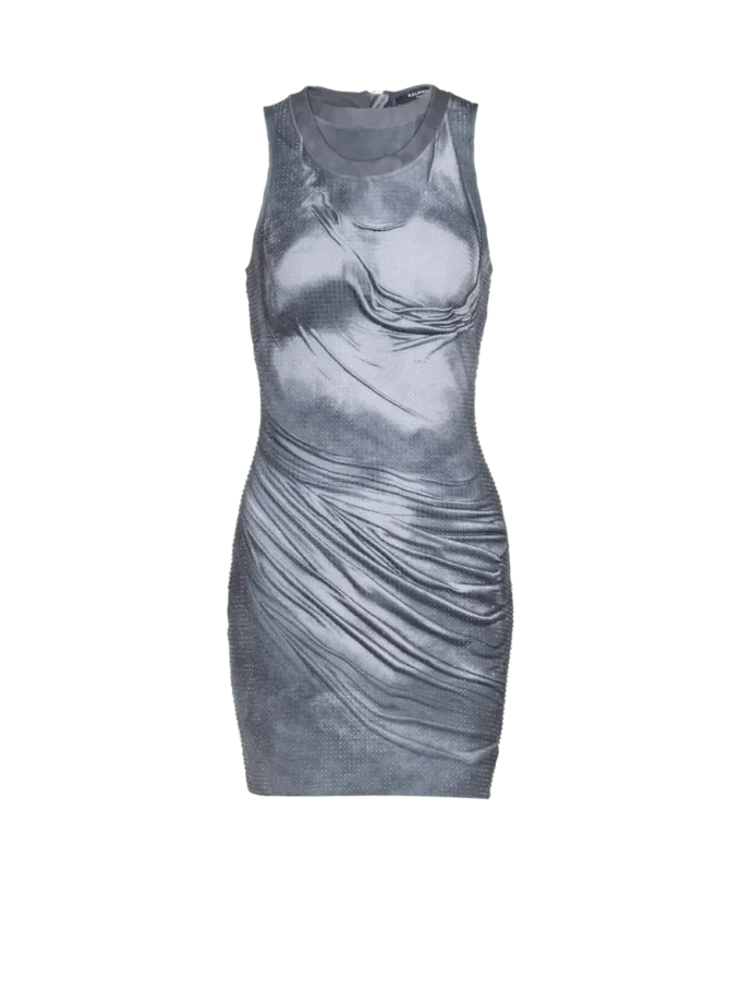Halterneck draped trompe-l’œil strass dress