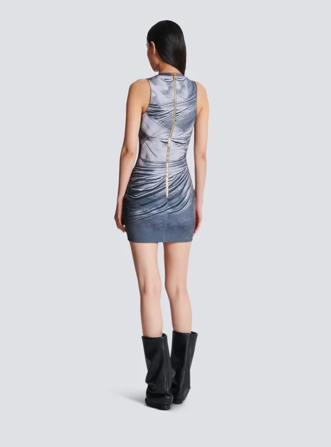 Halterneck draped trompe-l’œil strass dress
