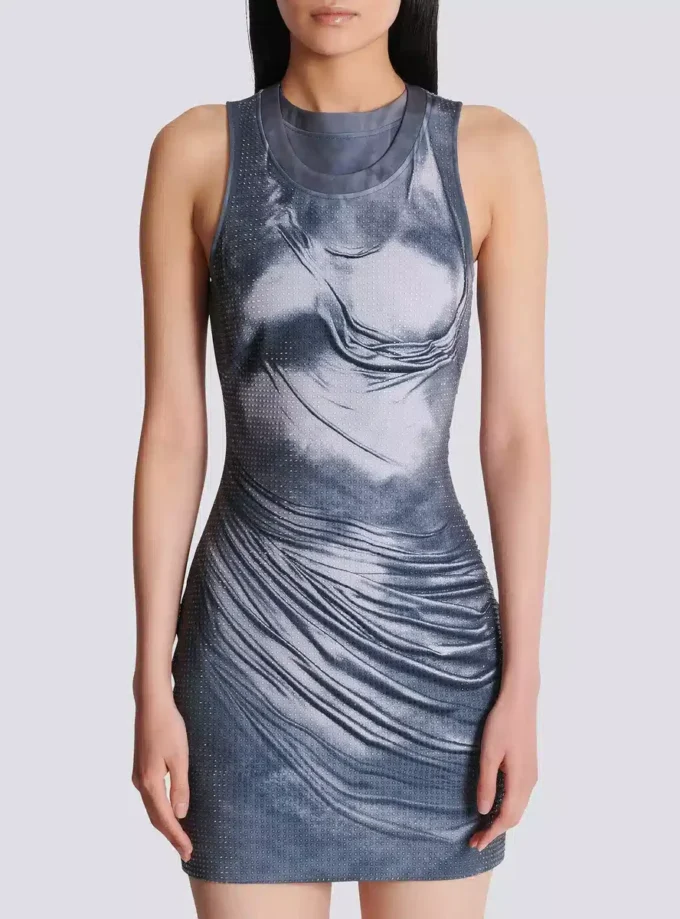 Halterneck draped trompe-l’œil strass dress
