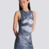 Halterneck draped trompe-l’œil strass dress